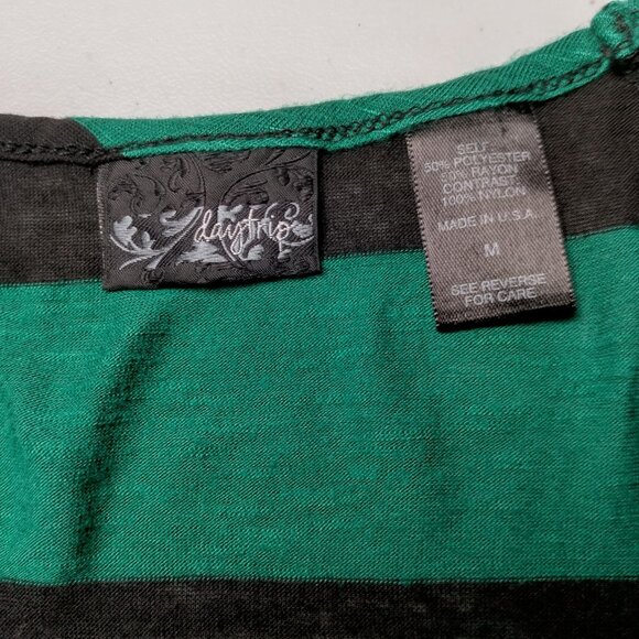Vintage Y2K Daytrip Shirt Medium Green Black Strriped Deep V Neck Slim Lace Trim - Picture 4 of 14
